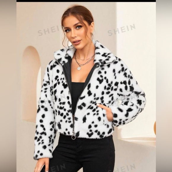 Shein Dalmatian Pattern Drop Shoulder Fuzzy Cozy Zip Up Coat Black/White 2XL - Picture 14 of 15